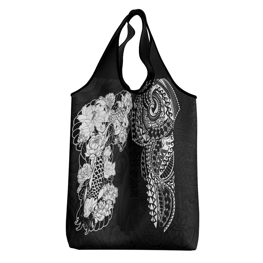 Japanese Irezumi and Hawaiian Polynesian Art Tattoo Grocery Bag Black Color - Wonder Print Shop