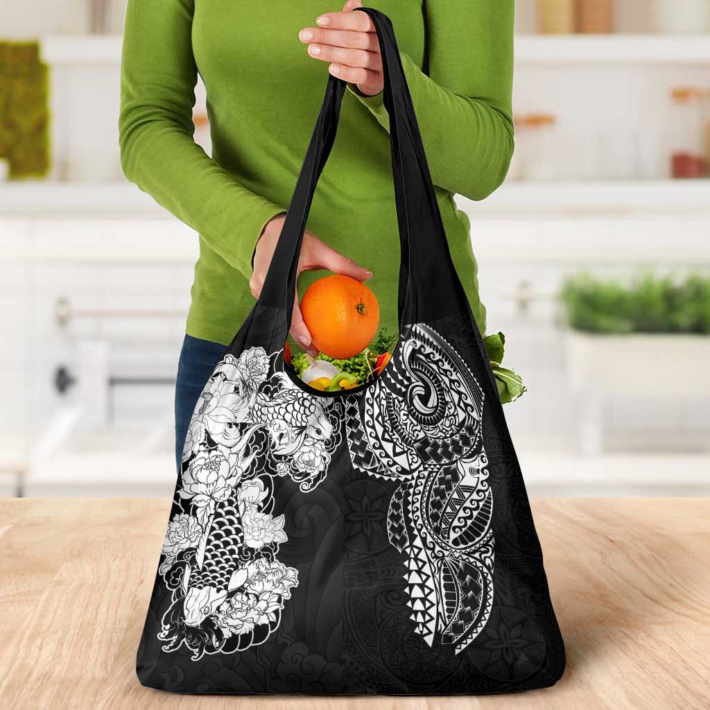 Japanese Irezumi and Hawaiian Polynesian Art Tattoo Grocery Bag Black Color - Wonder Print Shop