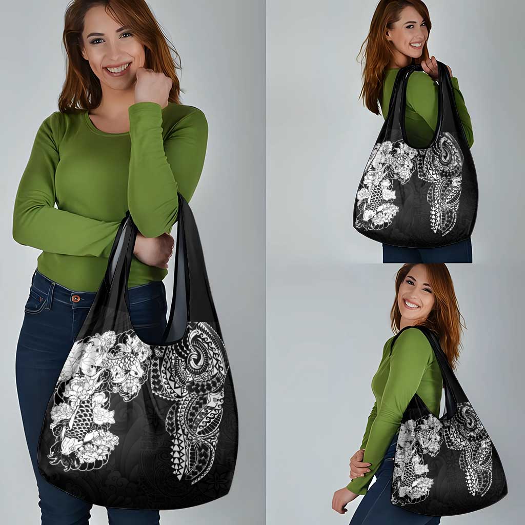 Japanese Irezumi and Hawaiian Polynesian Art Tattoo Grocery Bag Black Color - Wonder Print Shop