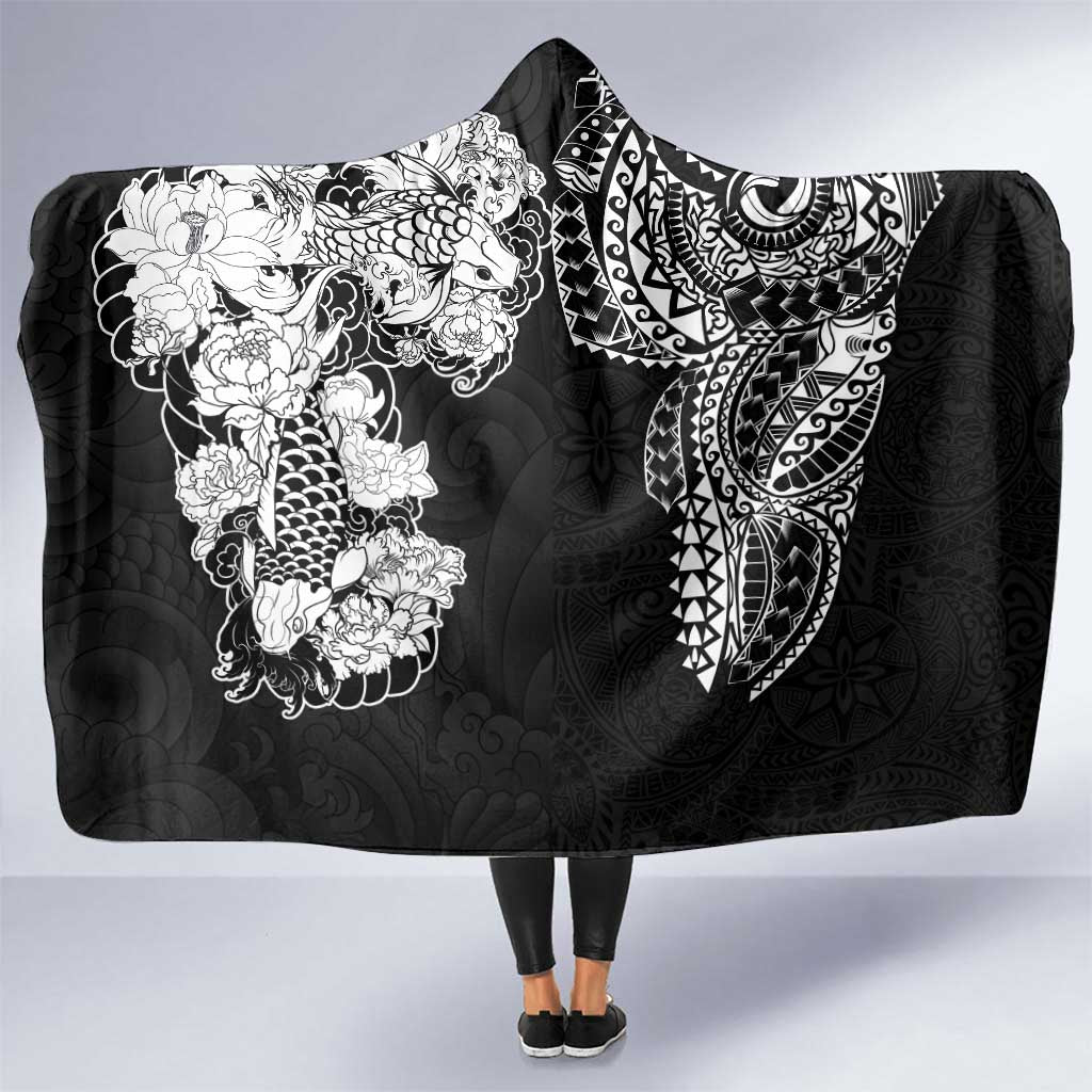 Japanese Irezumi and Hawaiian Polynesian Art Tattoo Hooded Blanket Black Color - Wonder Print Shop