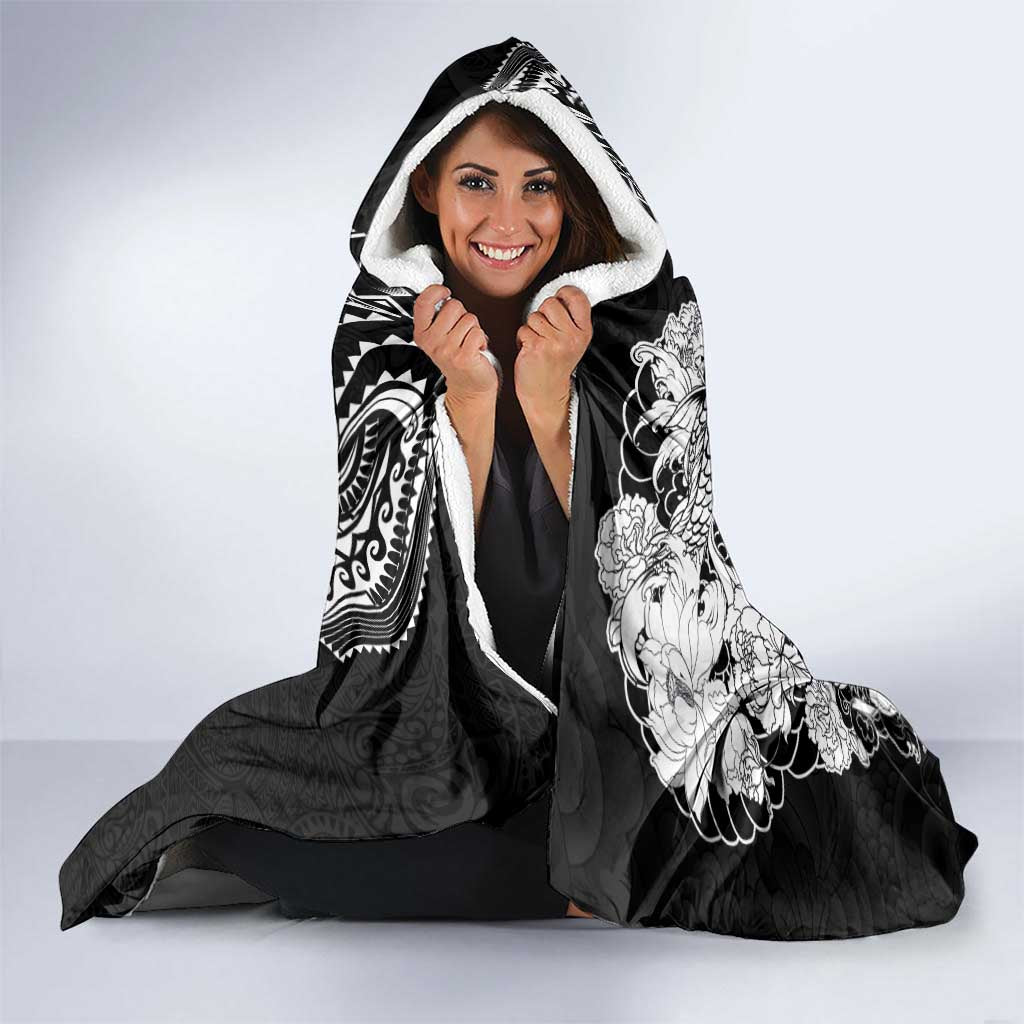 Japanese Irezumi and Hawaiian Polynesian Art Tattoo Hooded Blanket Black Color - Wonder Print Shop