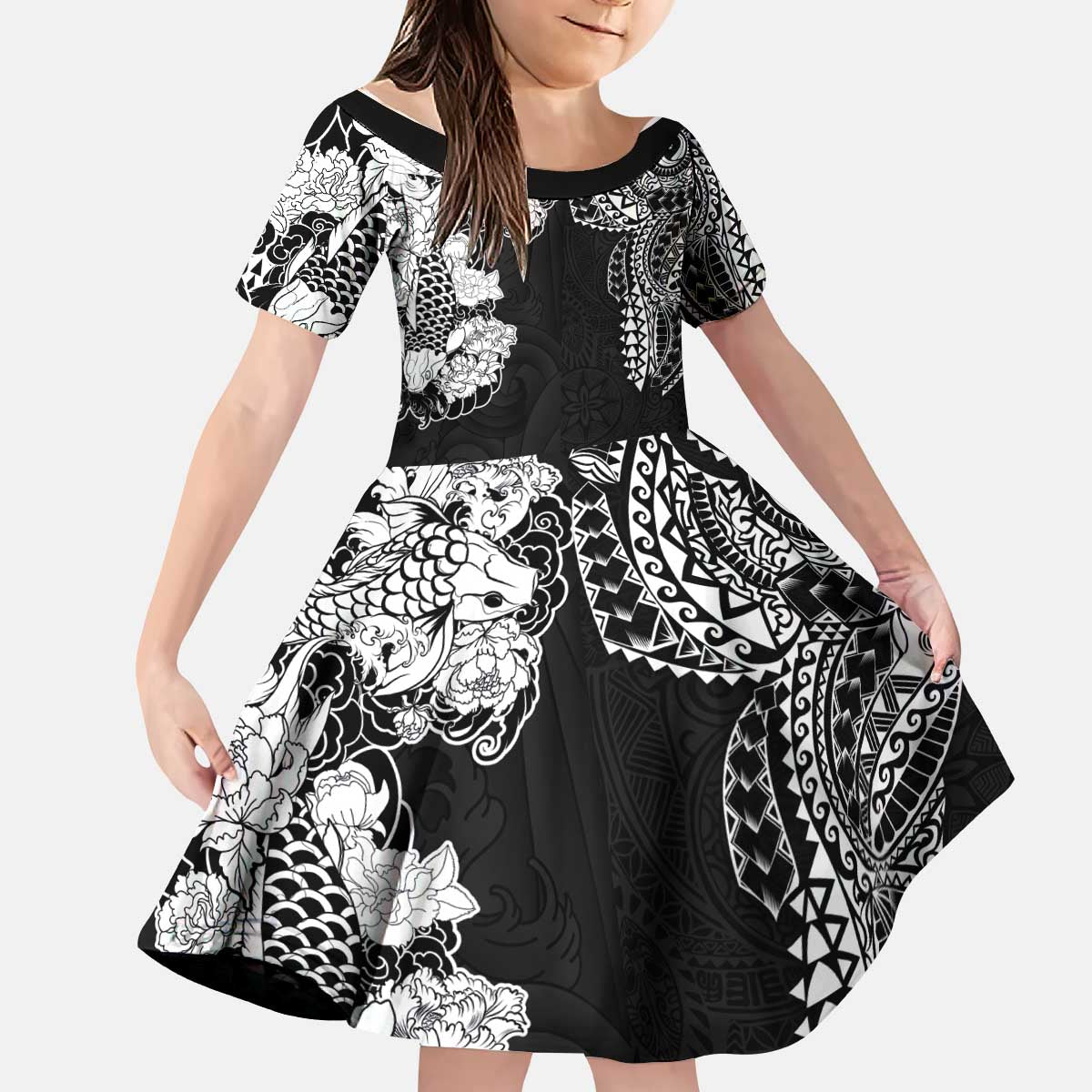 Japanese Irezumi and Hawaiian Polynesian Art Tattoo Kid Short Sleeve Dress Black Color - Wonder Print Shop