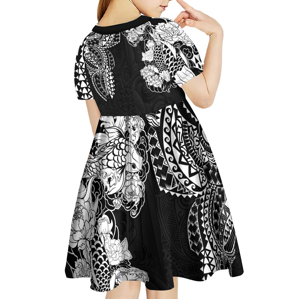 Japanese Irezumi and Hawaiian Polynesian Art Tattoo Kid Short Sleeve Dress Black Color - Wonder Print Shop