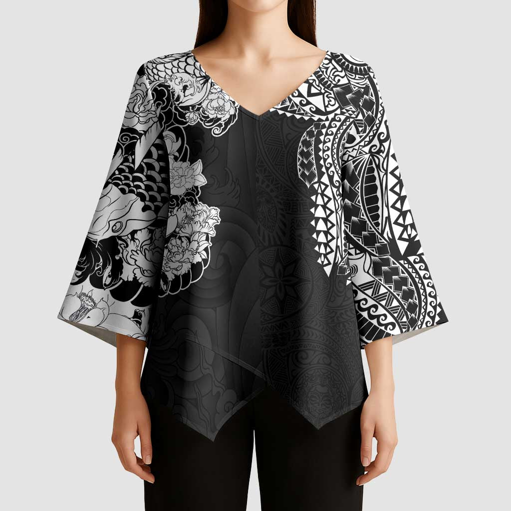 Japanese Irezumi and Hawaiian Polynesian Art Tattoo Kimono Sleeve Blouse Black Color - Wonder Print Shop