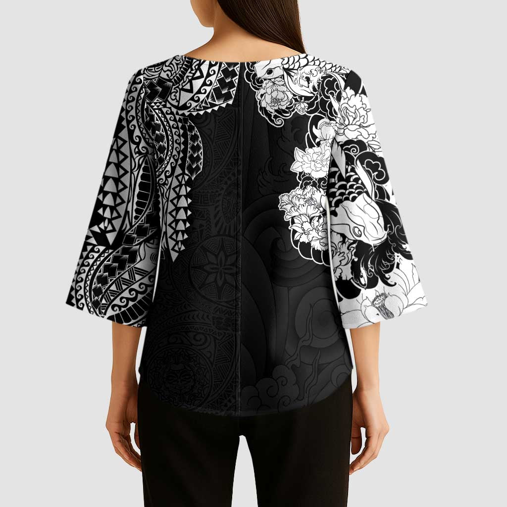 Japanese Irezumi and Hawaiian Polynesian Art Tattoo Kimono Sleeve Blouse Black Color - Wonder Print Shop