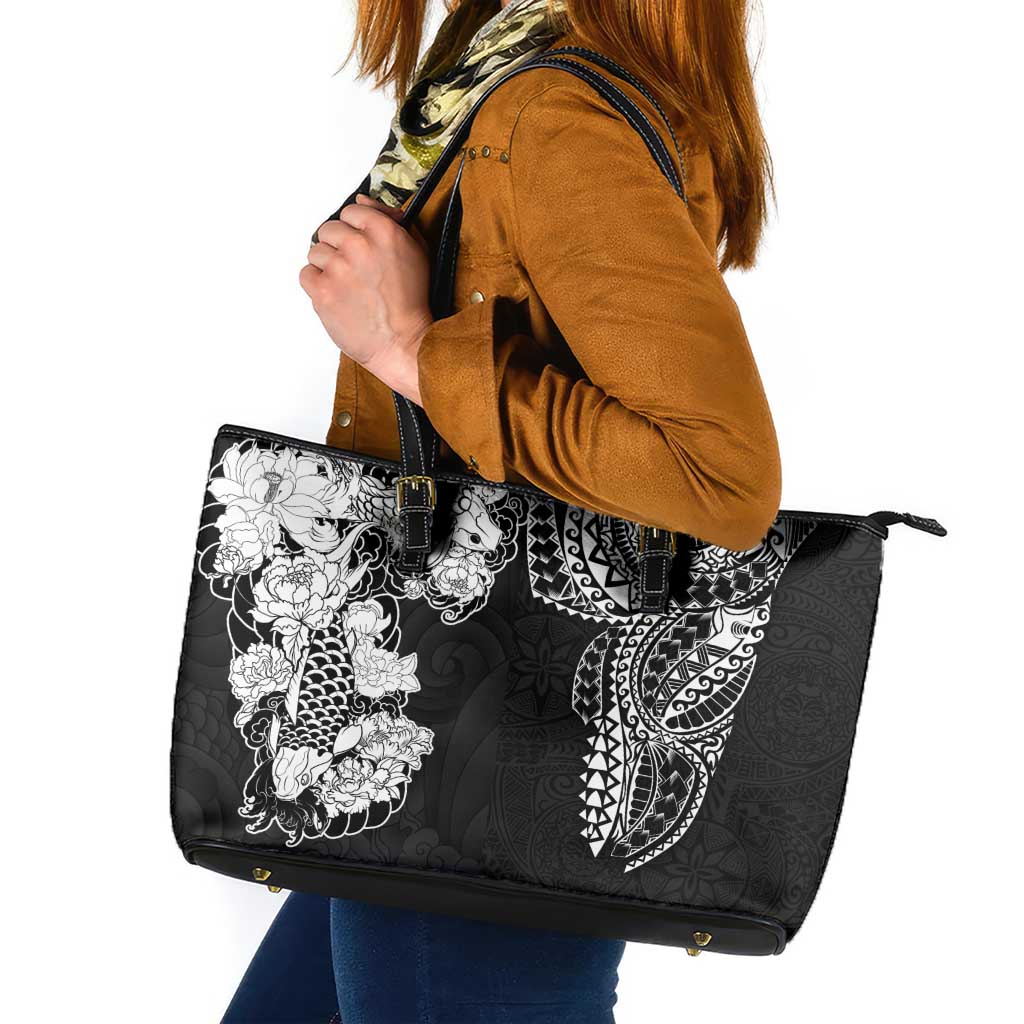 Japanese Irezumi and Hawaiian Polynesian Art Tattoo Leather Tote Bag Black Color - Wonder Print Shop