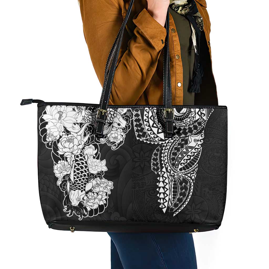 Japanese Irezumi and Hawaiian Polynesian Art Tattoo Leather Tote Bag Black Color - Wonder Print Shop