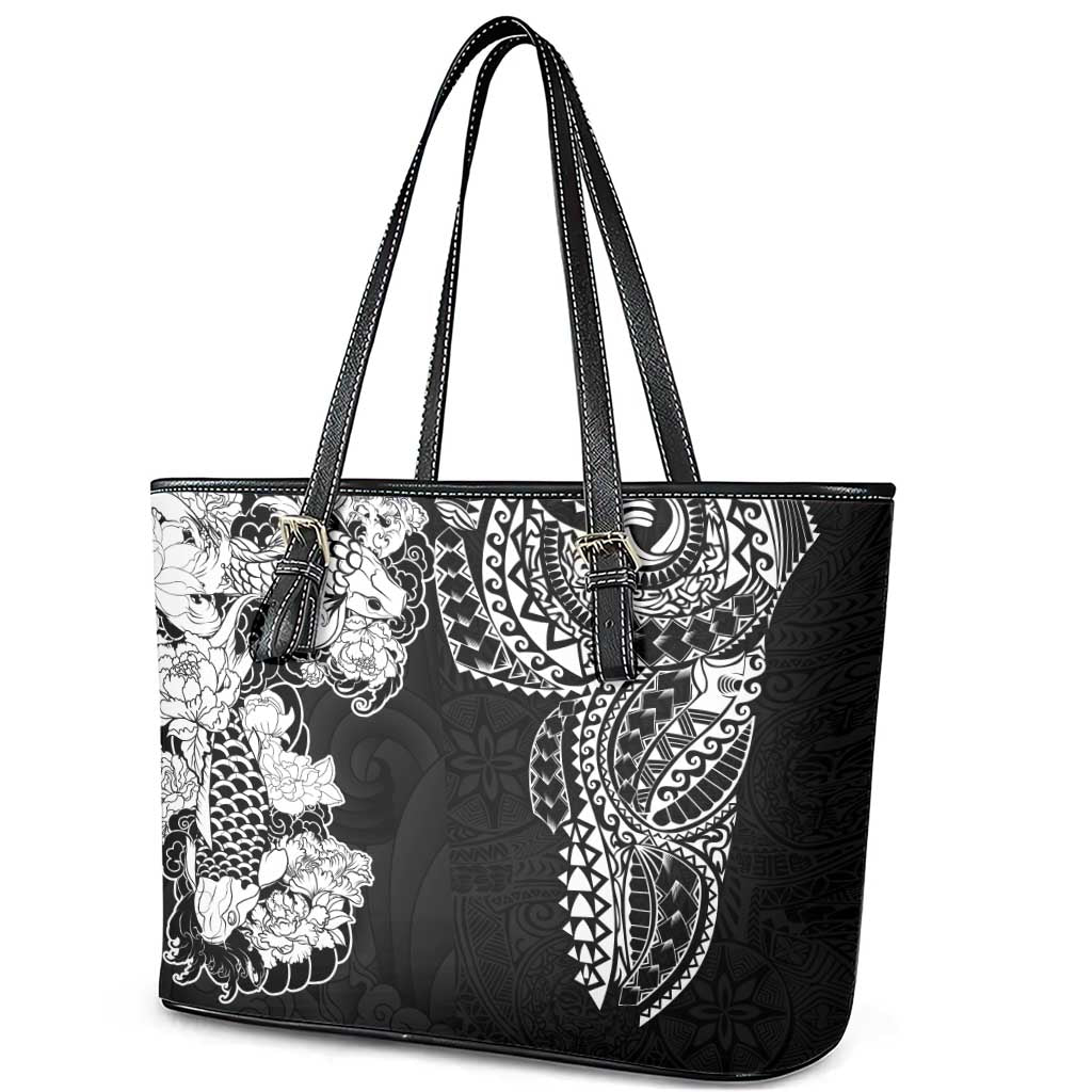 Japanese Irezumi and Hawaiian Polynesian Art Tattoo Leather Tote Bag Black Color - Wonder Print Shop