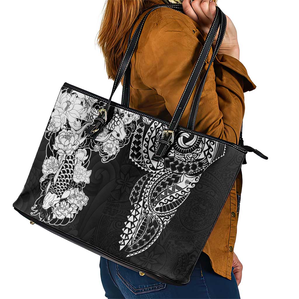 Japanese Irezumi and Hawaiian Polynesian Art Tattoo Leather Tote Bag Black Color - Wonder Print Shop