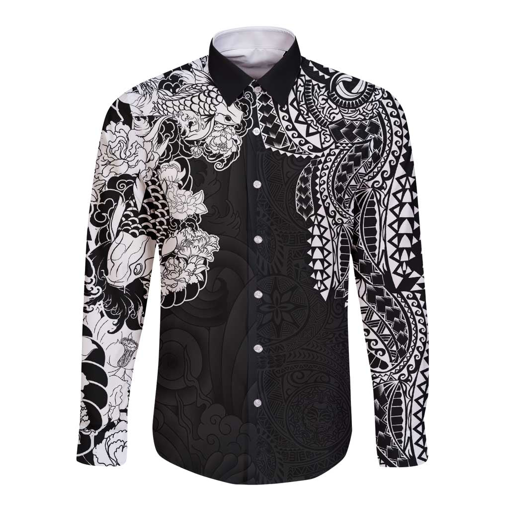 Japanese Irezumi and Hawaiian Polynesian Art Tattoo Long Sleeve Button Shirt Black Color - Wonder Print Shop