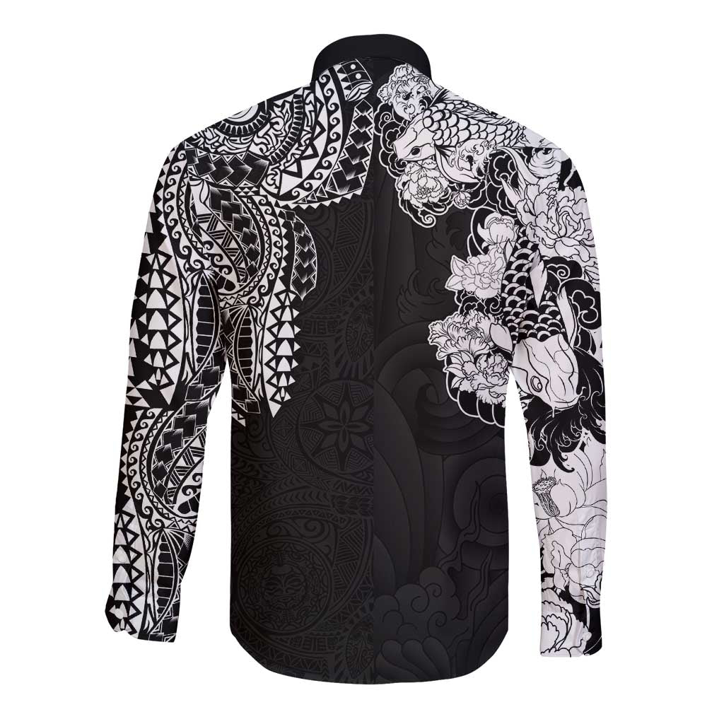 Japanese Irezumi and Hawaiian Polynesian Art Tattoo Long Sleeve Button Shirt Black Color - Wonder Print Shop