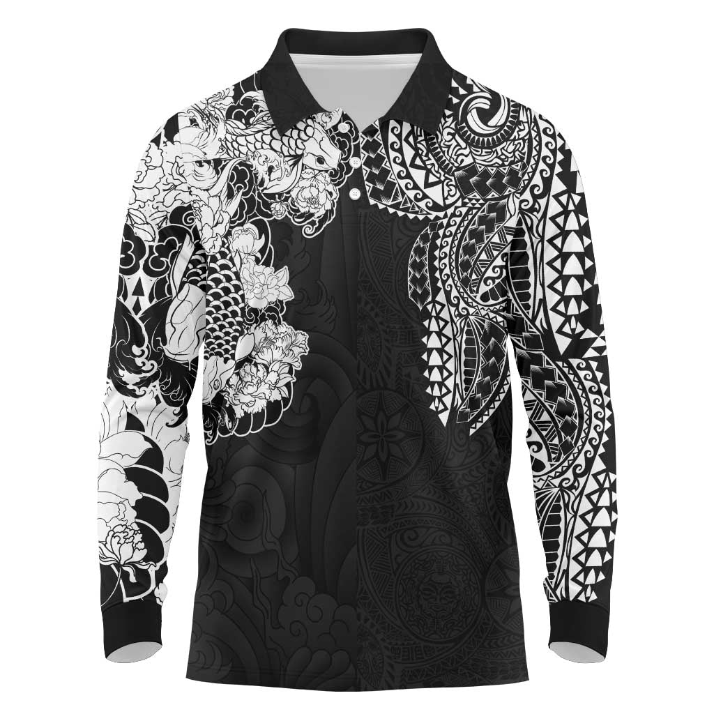Japanese Irezumi and Hawaiian Polynesian Art Tattoo Long Sleeve Polo Shirt Black Color - Wonder Print Shop
