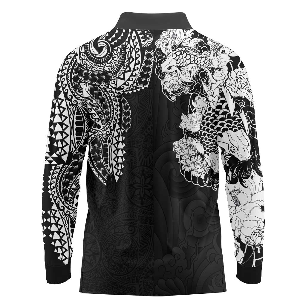 Japanese Irezumi and Hawaiian Polynesian Art Tattoo Long Sleeve Polo Shirt Black Color - Wonder Print Shop