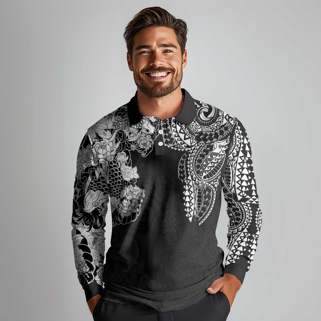 Japanese Irezumi and Hawaiian Polynesian Art Tattoo Long Sleeve Polo Shirt Black Color - Wonder Print Shop