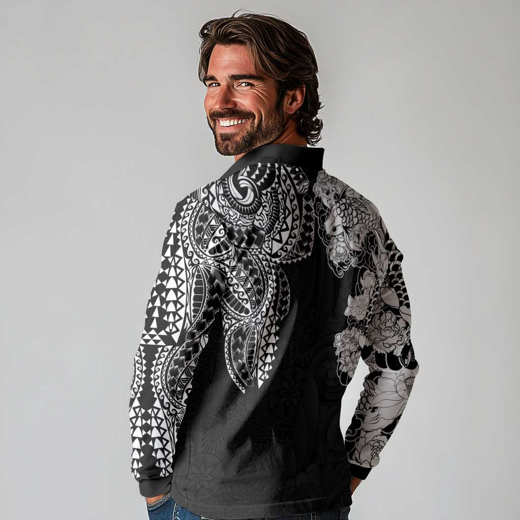 Japanese Irezumi and Hawaiian Polynesian Art Tattoo Long Sleeve Polo Shirt Black Color - Wonder Print Shop