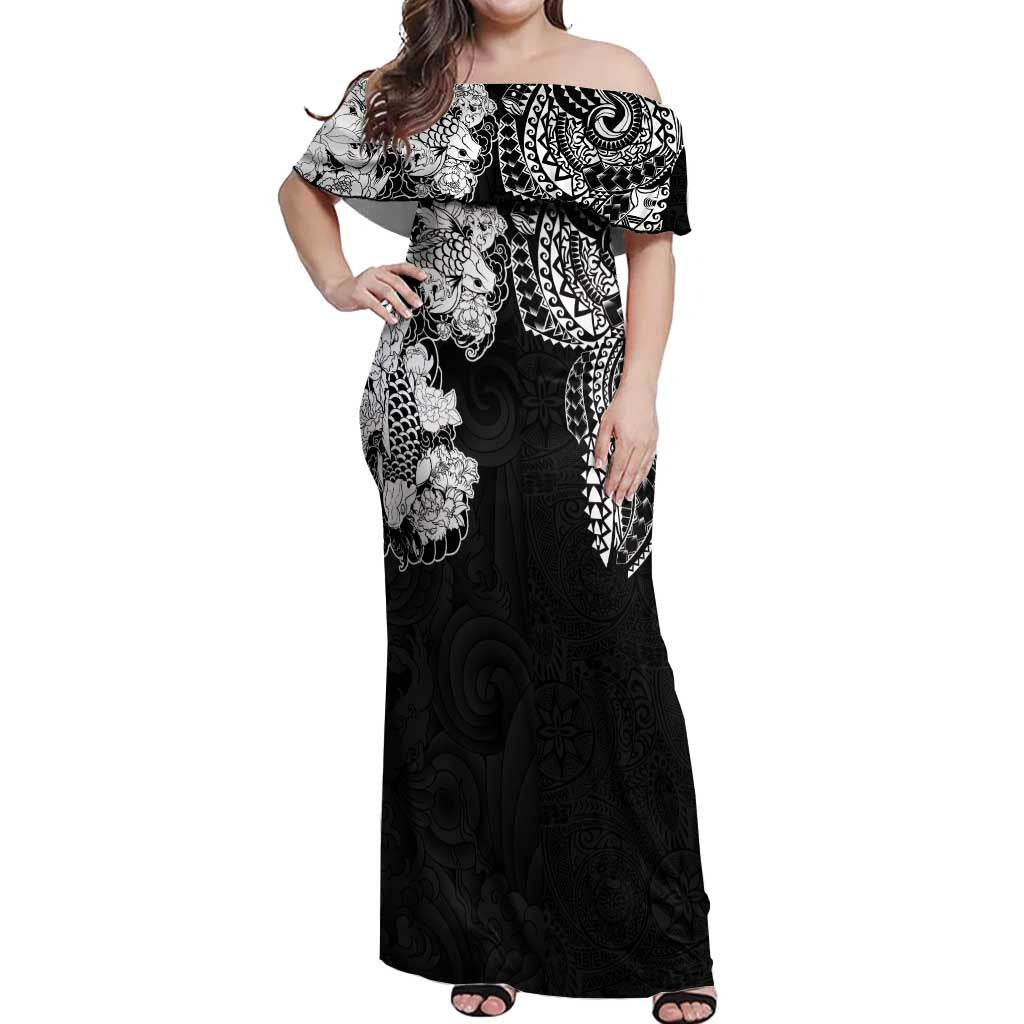 Japanese Irezumi and Hawaiian Polynesian Art Tattoo Off Shoulder Maxi Dress Black Color - Wonder Print Shop