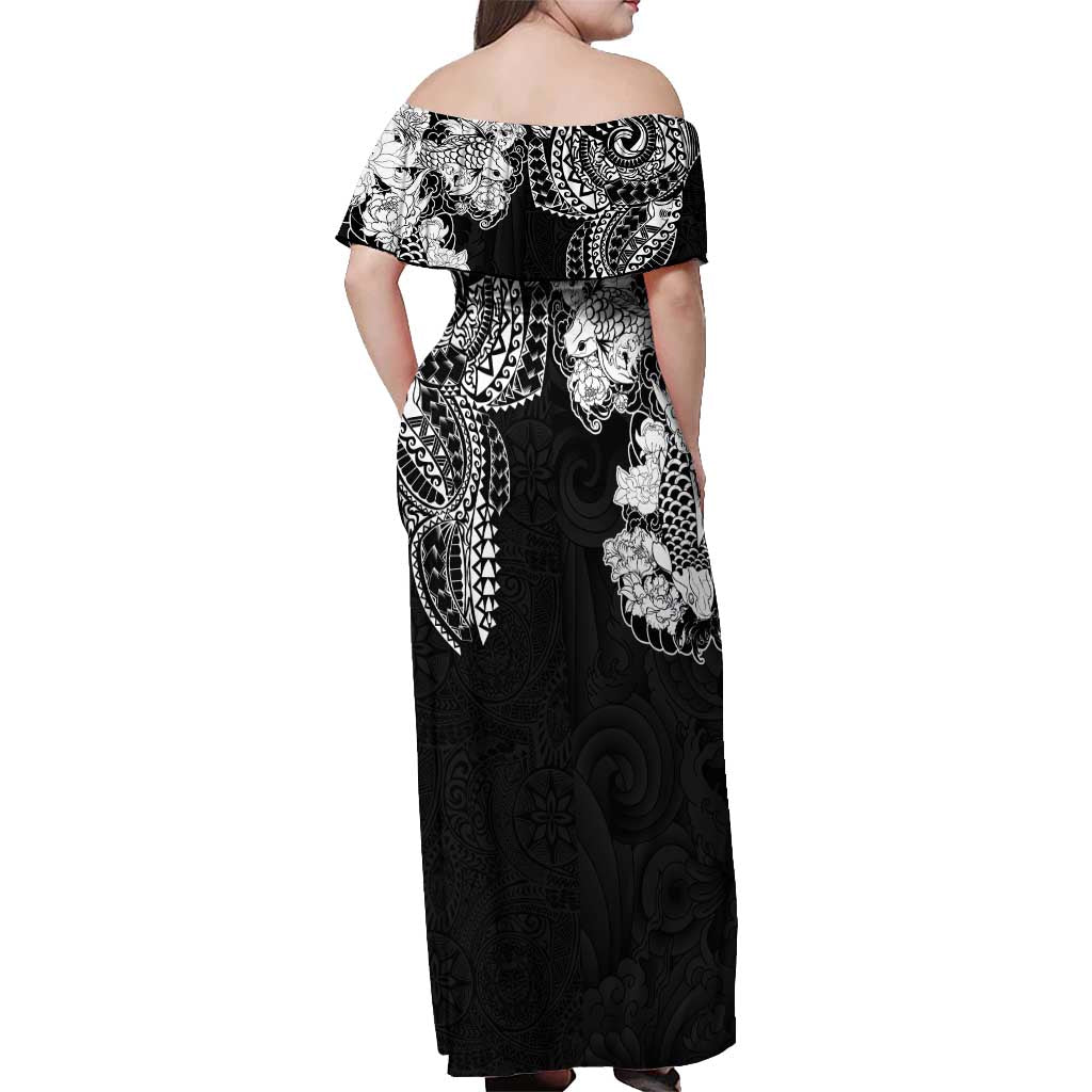Japanese Irezumi and Hawaiian Polynesian Art Tattoo Off Shoulder Maxi Dress Black Color - Wonder Print Shop