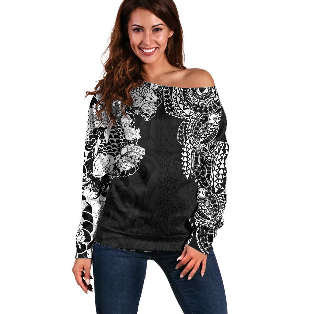 Japanese Irezumi and Hawaiian Polynesian Art Tattoo Off Shoulder Sweater Black Color - Wonder Print Shop