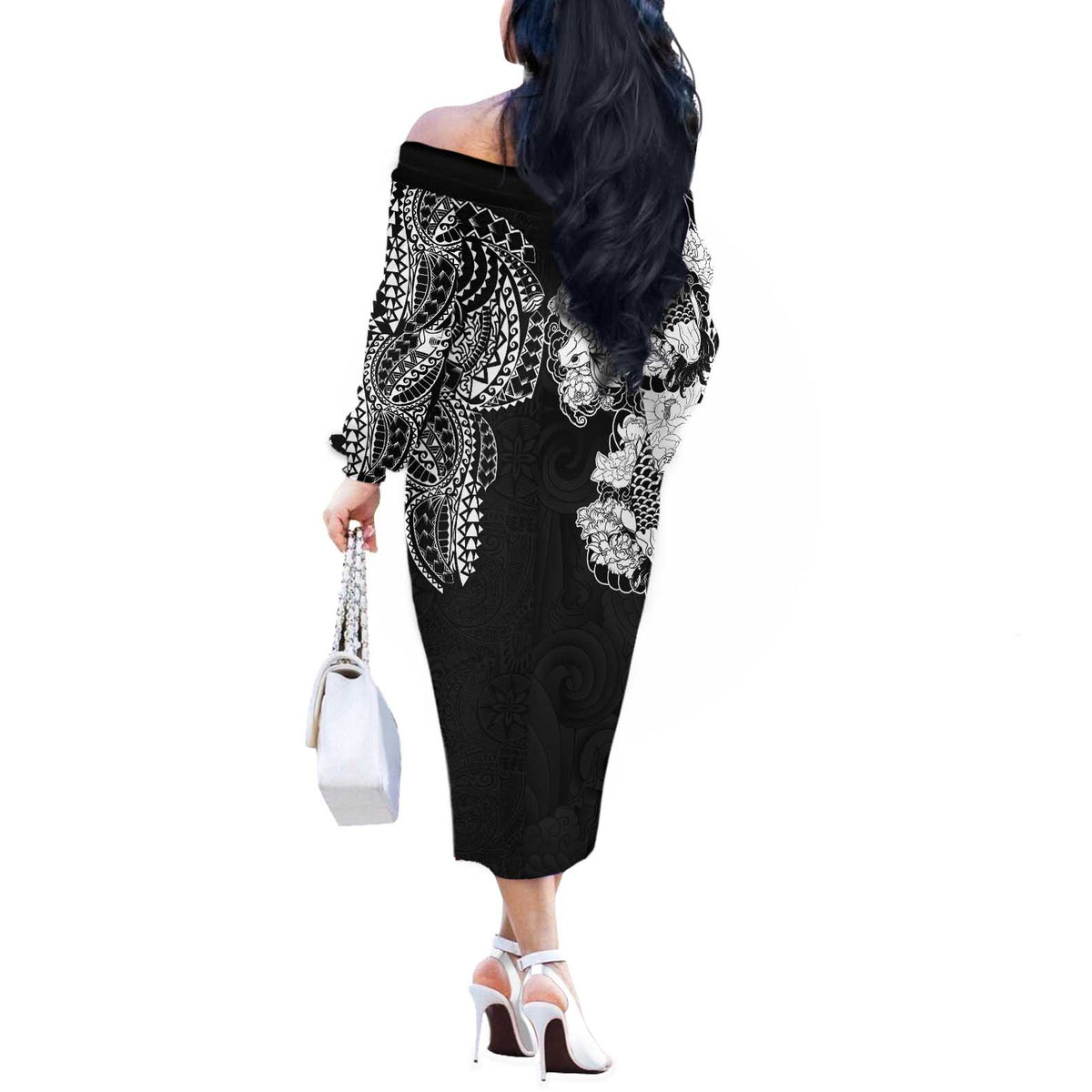 Japanese Irezumi and Hawaiian Polynesian Art Tattoo Off The Shoulder Long Sleeve Dress Black Color - Wonder Print Shop