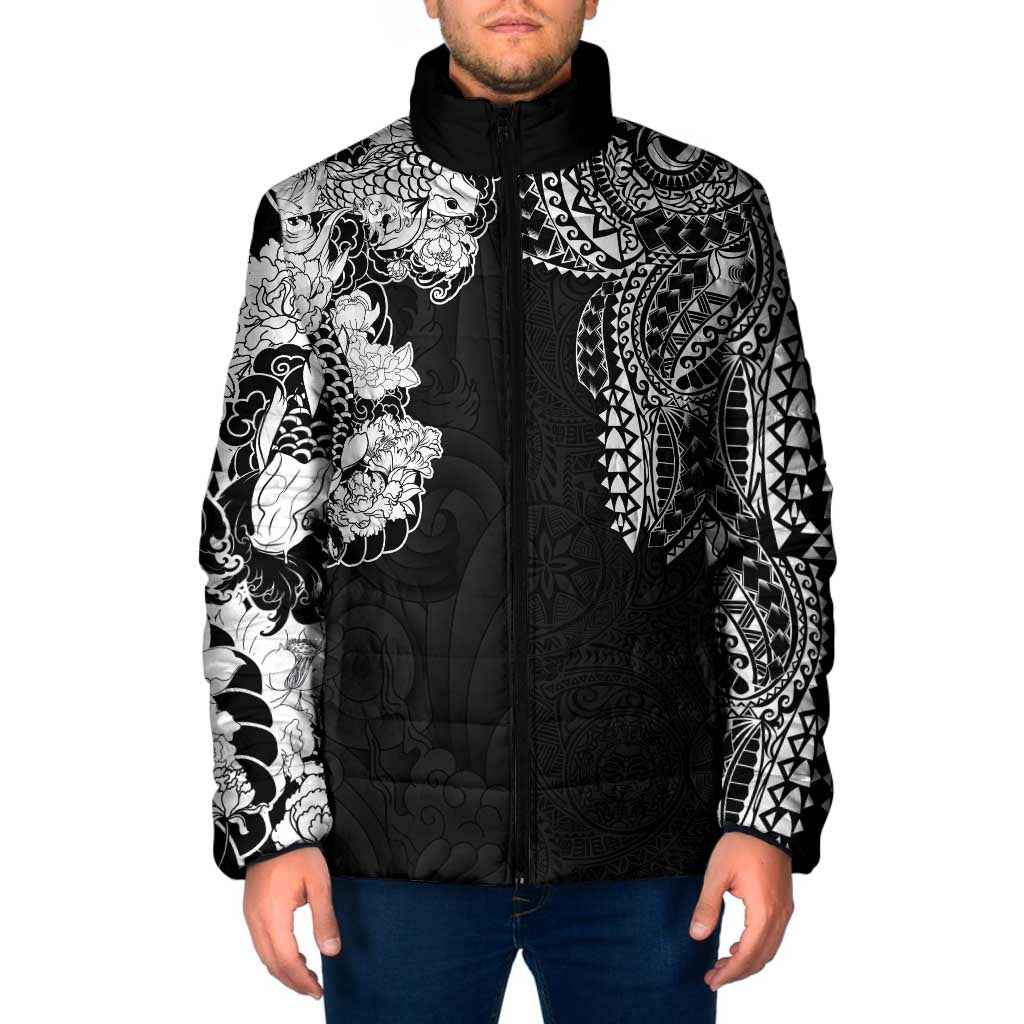 Japanese Irezumi and Hawaiian Polynesian Art Tattoo Padded Jacket Black Color - Wonder Print Shop