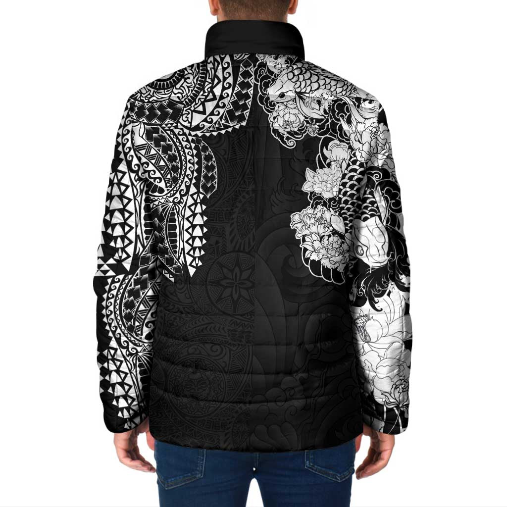 Japanese Irezumi and Hawaiian Polynesian Art Tattoo Padded Jacket Black Color - Wonder Print Shop