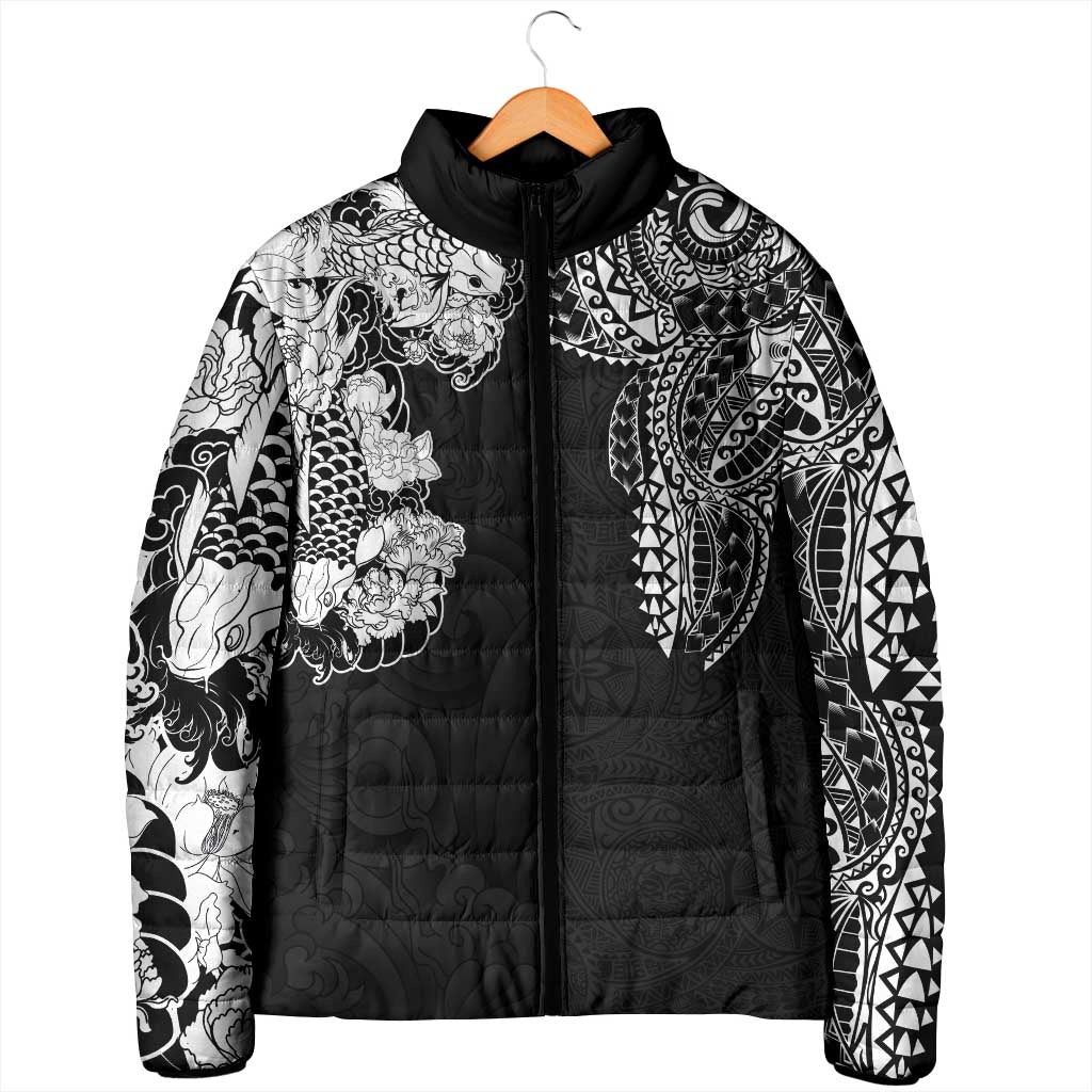 Japanese Irezumi and Hawaiian Polynesian Art Tattoo Padded Jacket Black Color - Wonder Print Shop