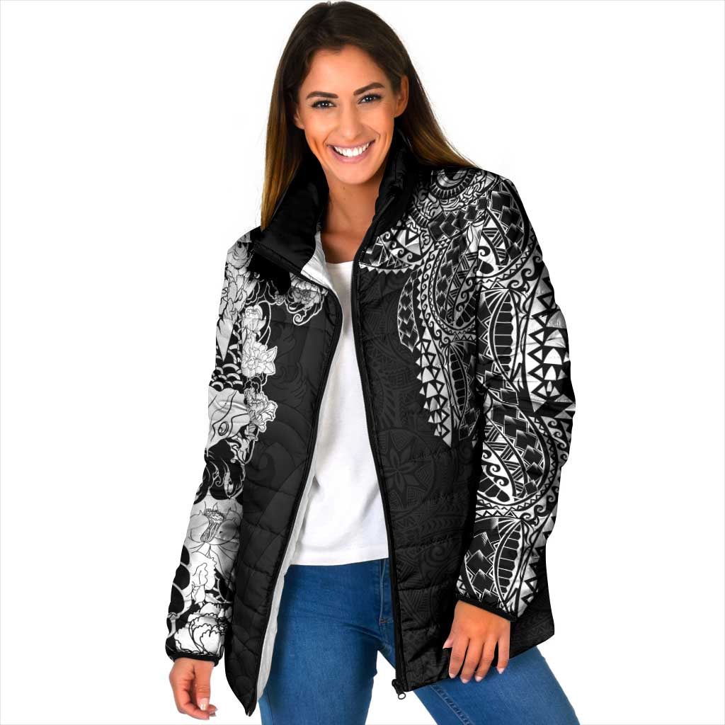 Japanese Irezumi and Hawaiian Polynesian Art Tattoo Padded Jacket Black Color - Wonder Print Shop
