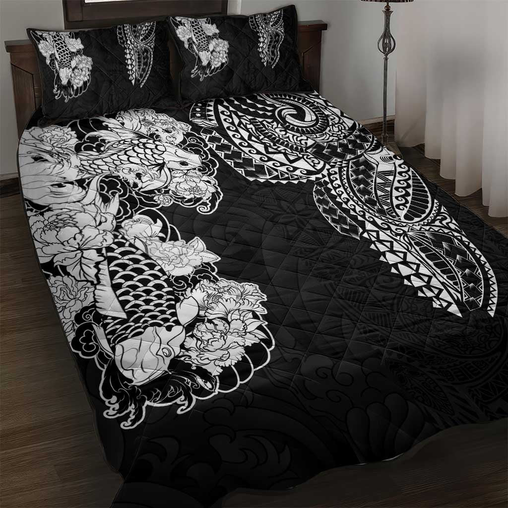 Japanese Irezumi and Hawaiian Polynesian Art Tattoo Quilt Bed Set Black Color - Wonder Print Shop