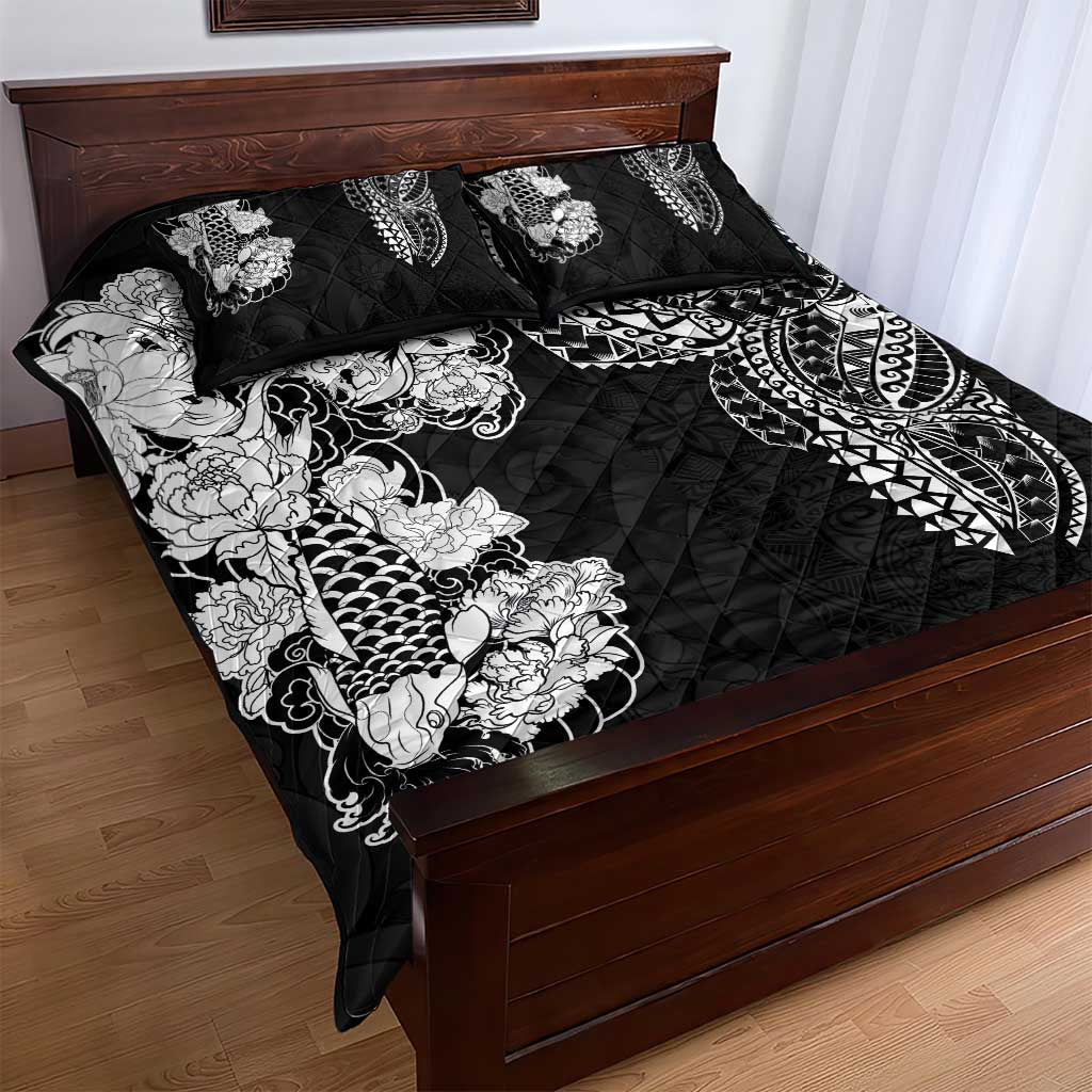 Japanese Irezumi and Hawaiian Polynesian Art Tattoo Quilt Bed Set Black Color - Wonder Print Shop