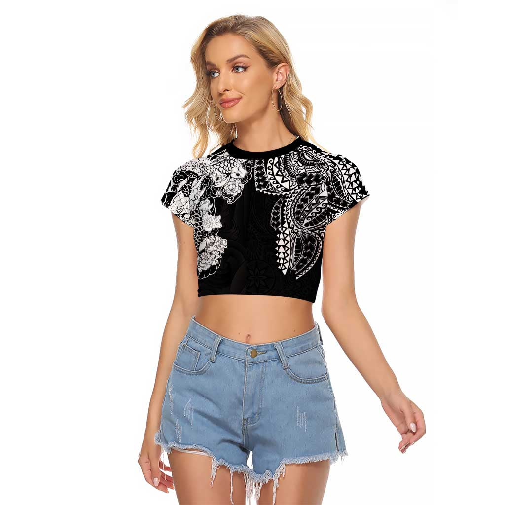 Japanese Irezumi and Hawaiian Polynesian Art Tattoo Raglan Cropped T Shirt Black Color - Wonder Print Shop