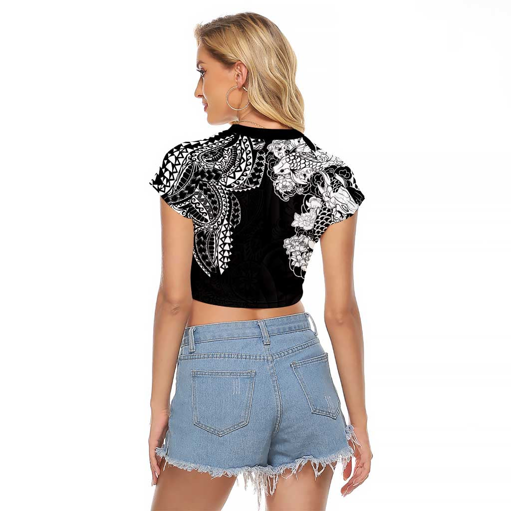 Japanese Irezumi and Hawaiian Polynesian Art Tattoo Raglan Cropped T Shirt Black Color - Wonder Print Shop