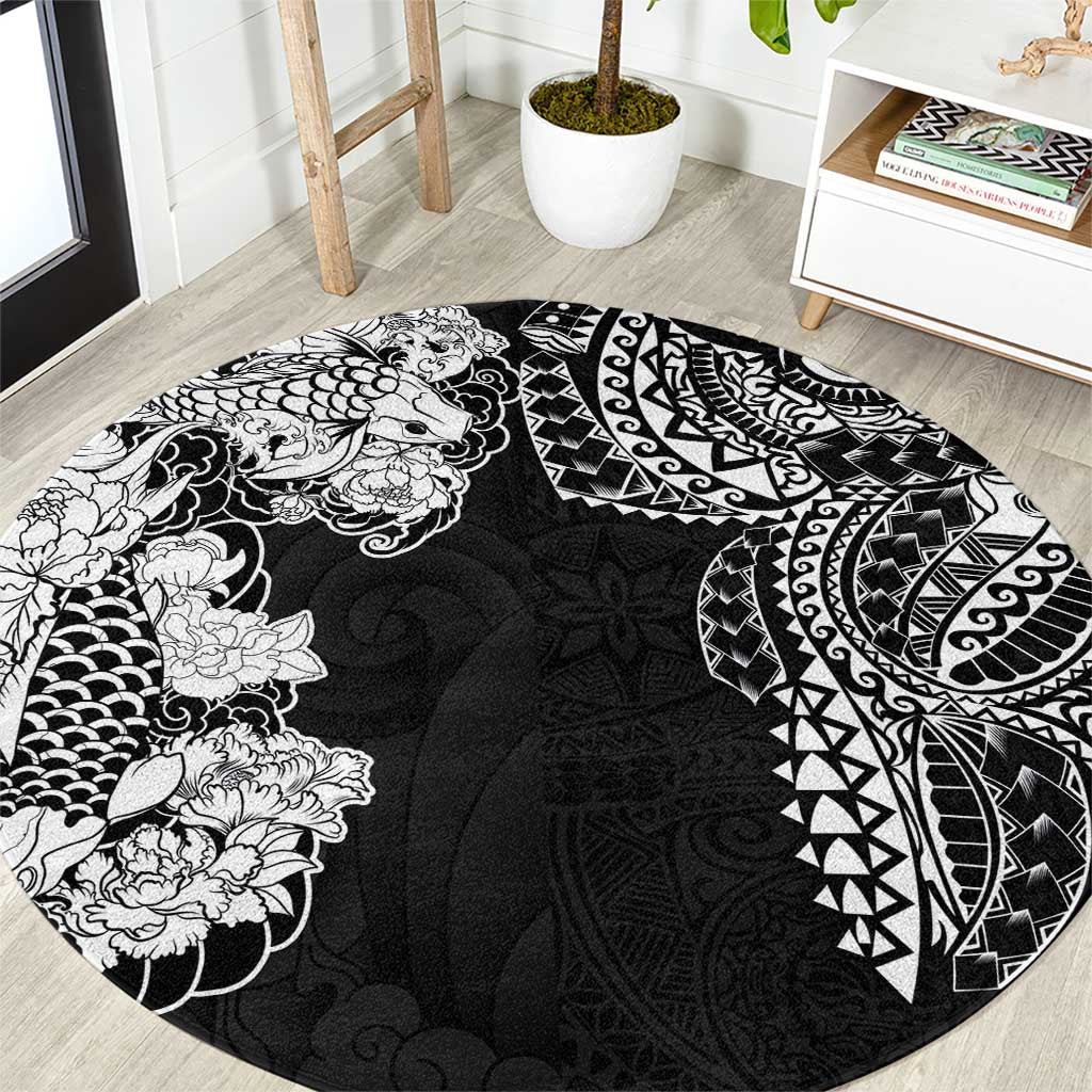 Japanese Irezumi and Hawaiian Polynesian Art Tattoo Round Carpet Black Color - Wonder Print Shop