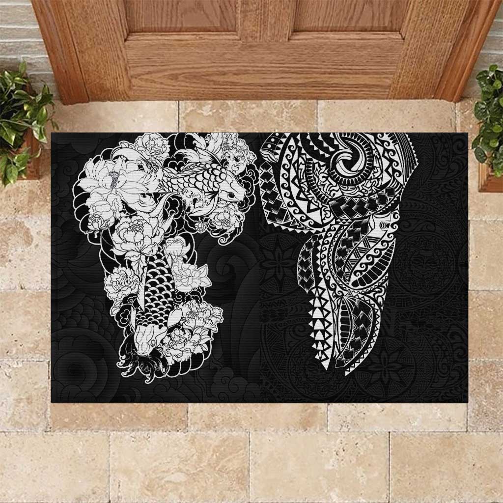 Japanese Irezumi and Hawaiian Polynesian Art Tattoo Rubber Doormat Black Color - Wonder Print Shop