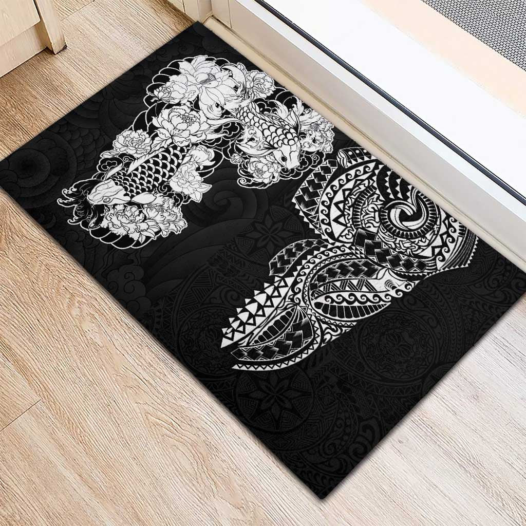 Japanese Irezumi and Hawaiian Polynesian Art Tattoo Rubber Doormat Black Color - Wonder Print Shop