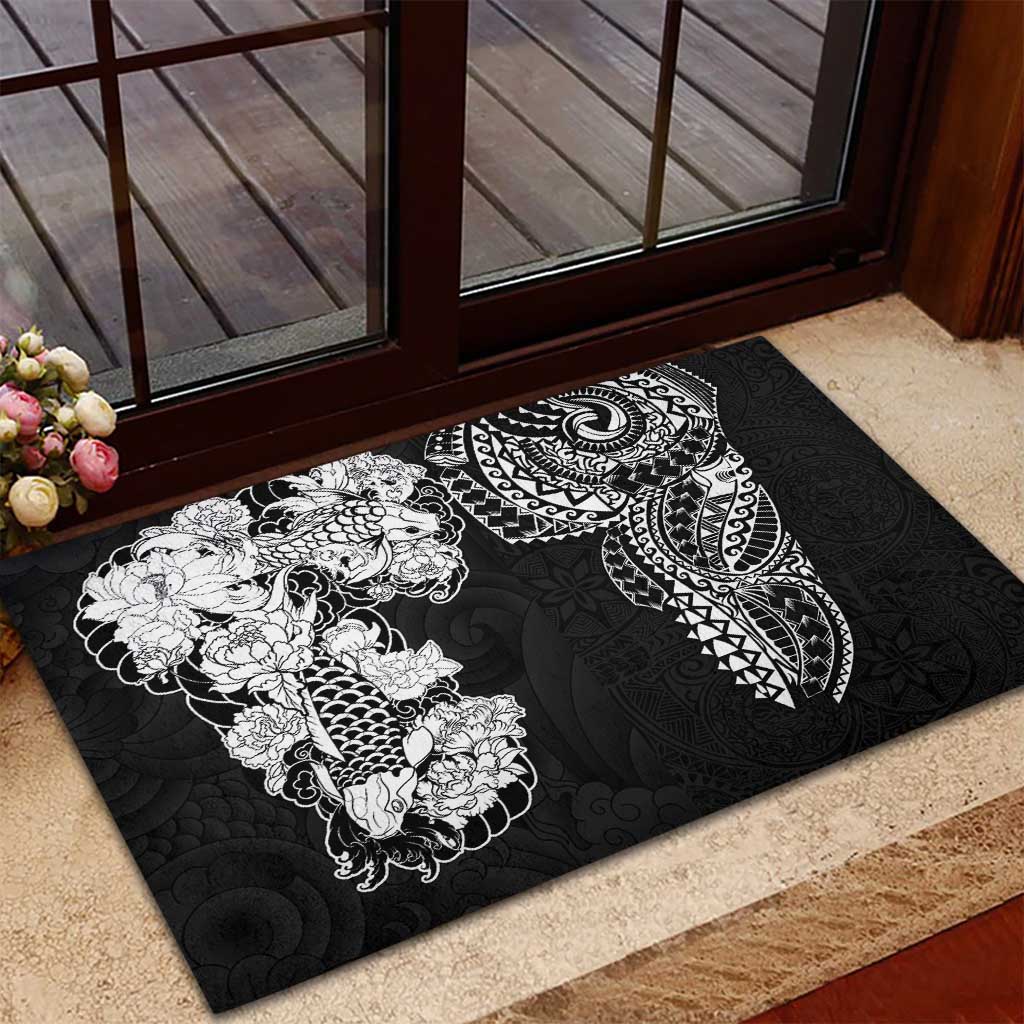 Japanese Irezumi and Hawaiian Polynesian Art Tattoo Rubber Doormat Black Color - Wonder Print Shop