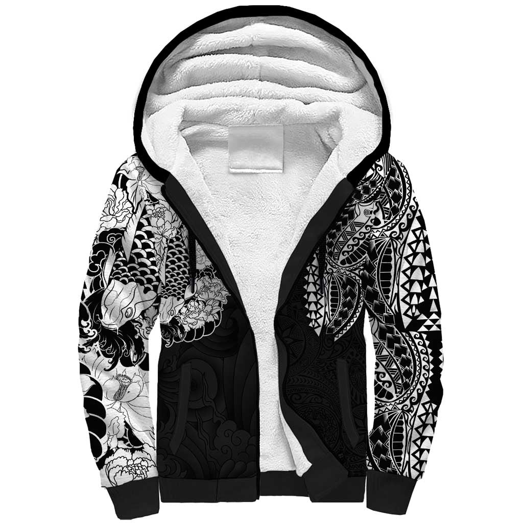 Japanese Irezumi and Hawaiian Polynesian Art Tattoo Sherpa Hoodie Black Color - Wonder Print Shop