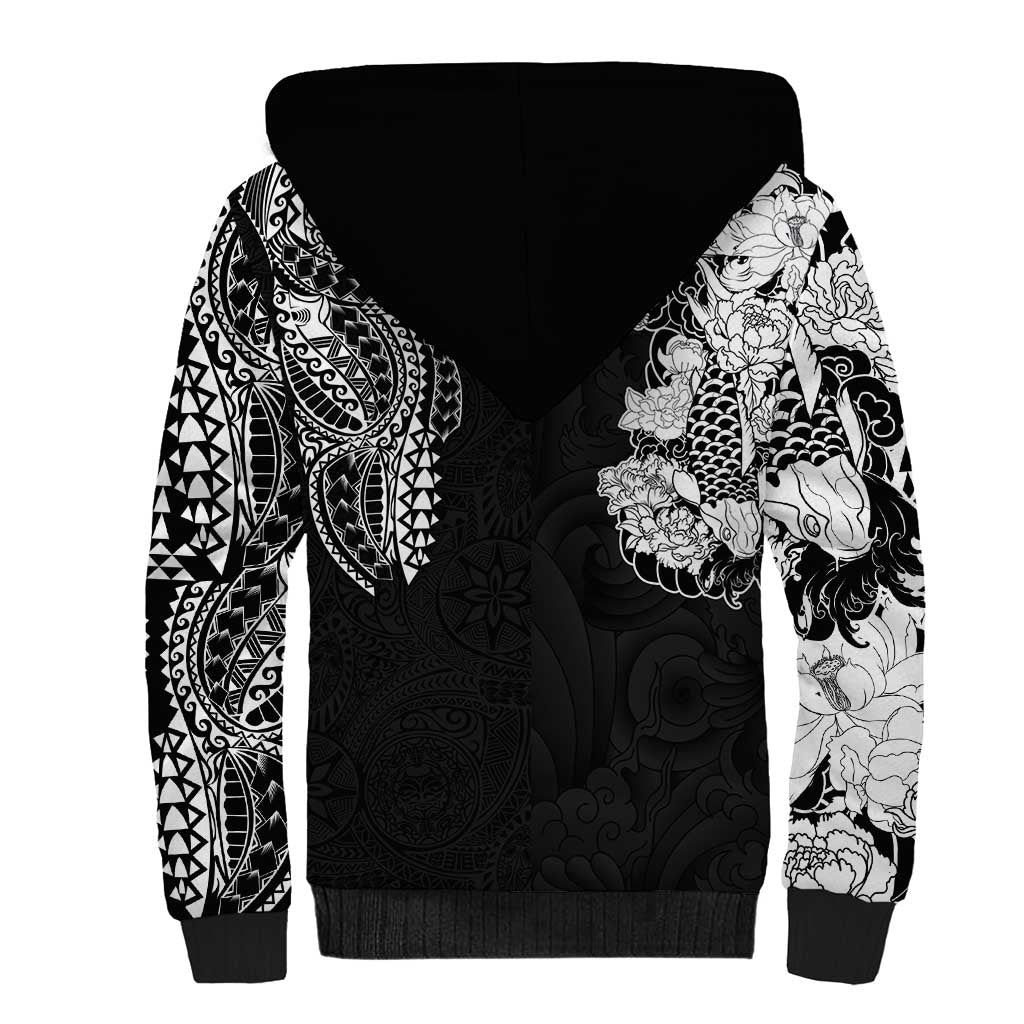 Japanese Irezumi and Hawaiian Polynesian Art Tattoo Sherpa Hoodie Black Color - Wonder Print Shop