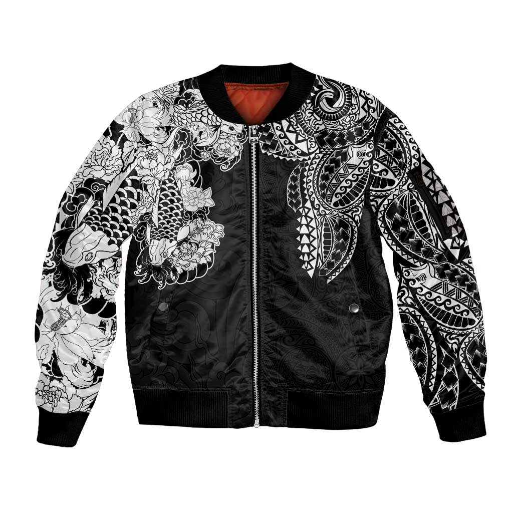 Japanese Irezumi and Hawaiian Polynesian Art Tattoo Sleeve Zip Bomber Jacket Black Color - Wonder Print Shop