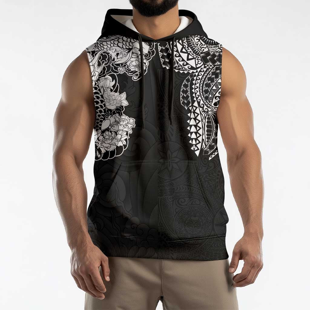 Japanese Irezumi and Hawaiian Polynesian Art Tattoo Sleeveless Hoodie Black Color - Wonder Print Shop