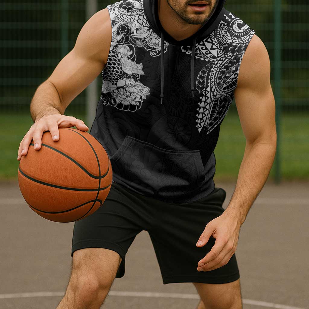 Japanese Irezumi and Hawaiian Polynesian Art Tattoo Sleeveless Hoodie Black Color - Wonder Print Shop