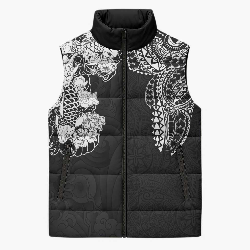 Japanese Irezumi and Hawaiian Polynesian Art Tattoo Sleeveless Puffer Jacket Black Color - Wonder Print Shop