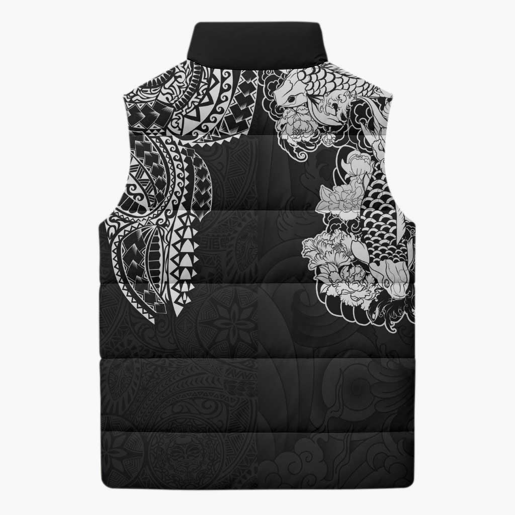 Japanese Irezumi and Hawaiian Polynesian Art Tattoo Sleeveless Puffer Jacket Black Color - Wonder Print Shop