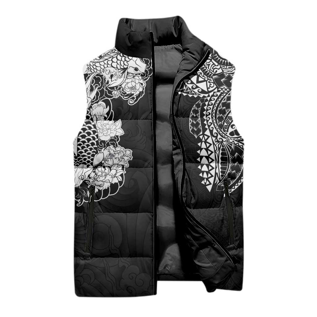 Japanese Irezumi and Hawaiian Polynesian Art Tattoo Sleeveless Puffer Jacket Black Color - Wonder Print Shop