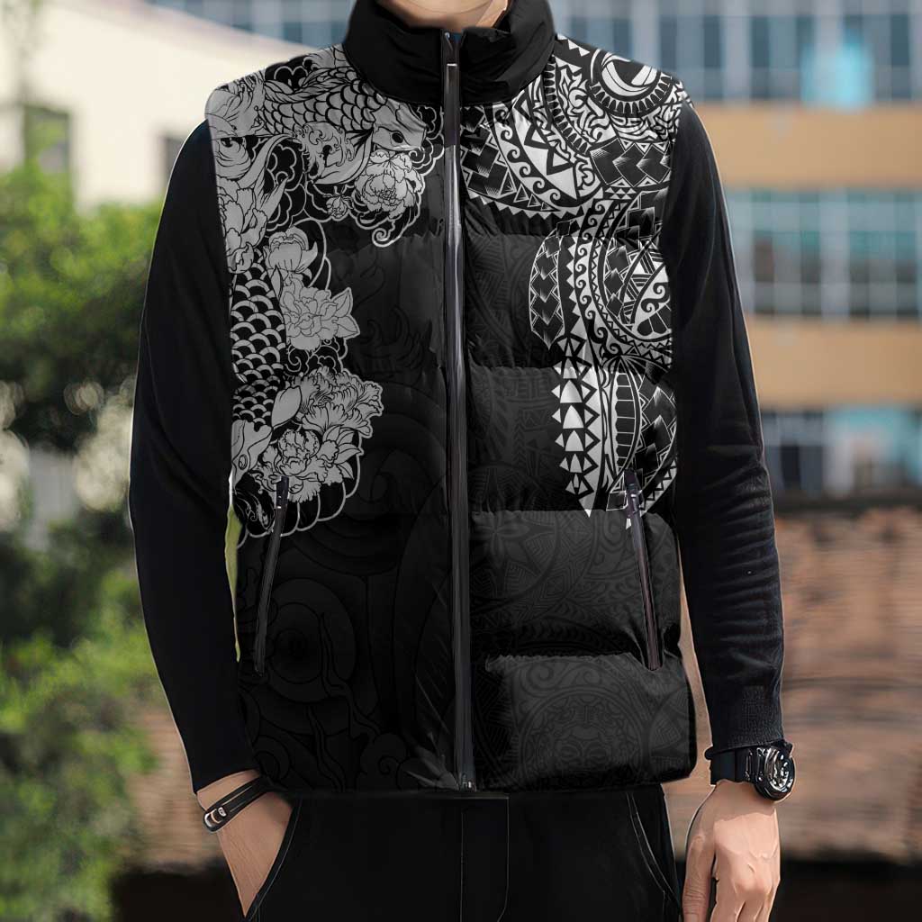 Japanese Irezumi and Hawaiian Polynesian Art Tattoo Sleeveless Puffer Jacket Black Color - Wonder Print Shop
