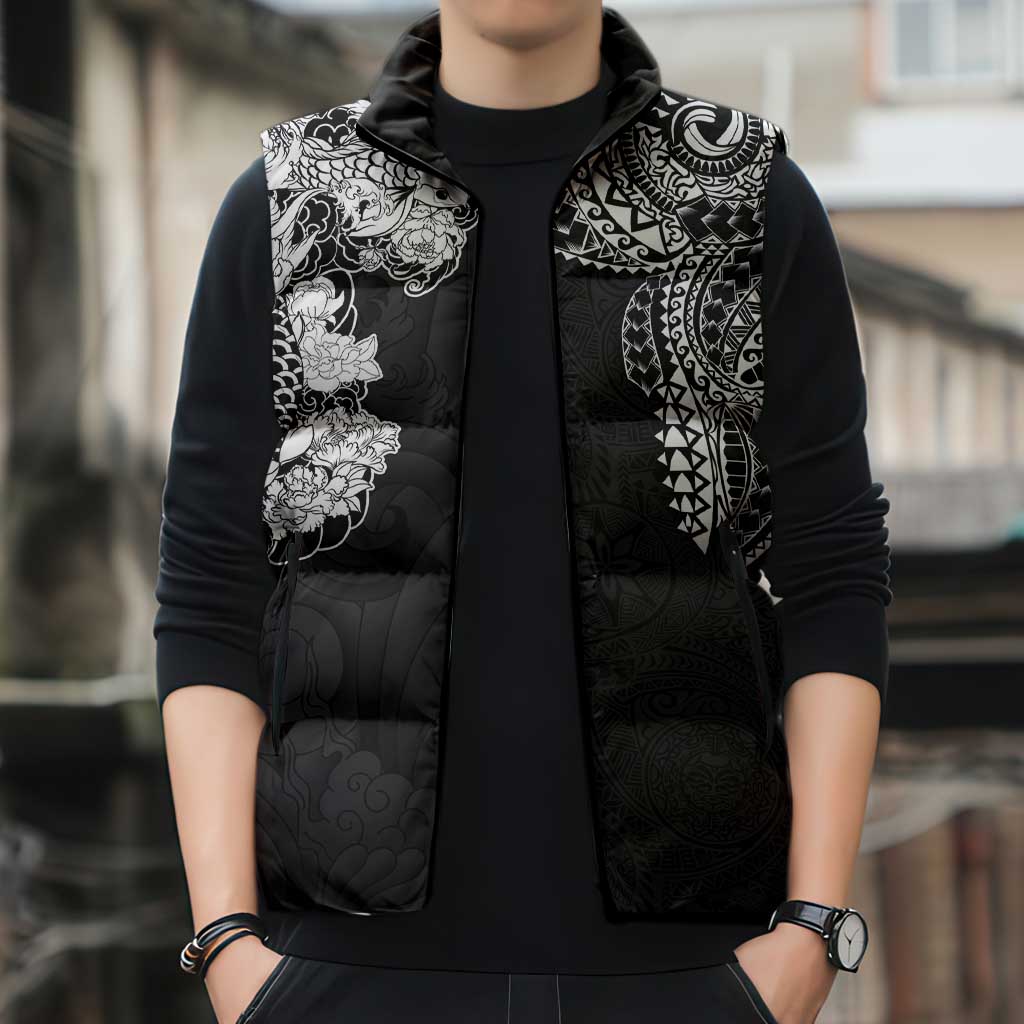 Japanese Irezumi and Hawaiian Polynesian Art Tattoo Sleeveless Puffer Jacket Black Color - Wonder Print Shop