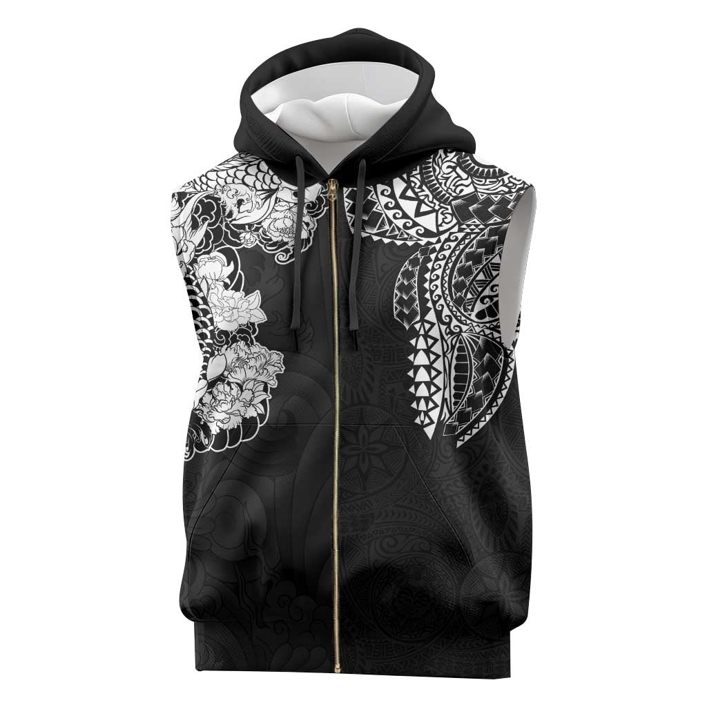 Japanese Irezumi and Hawaiian Polynesian Art Tattoo Sleeveless Zip Hoodie Black Color - Wonder Print Shop