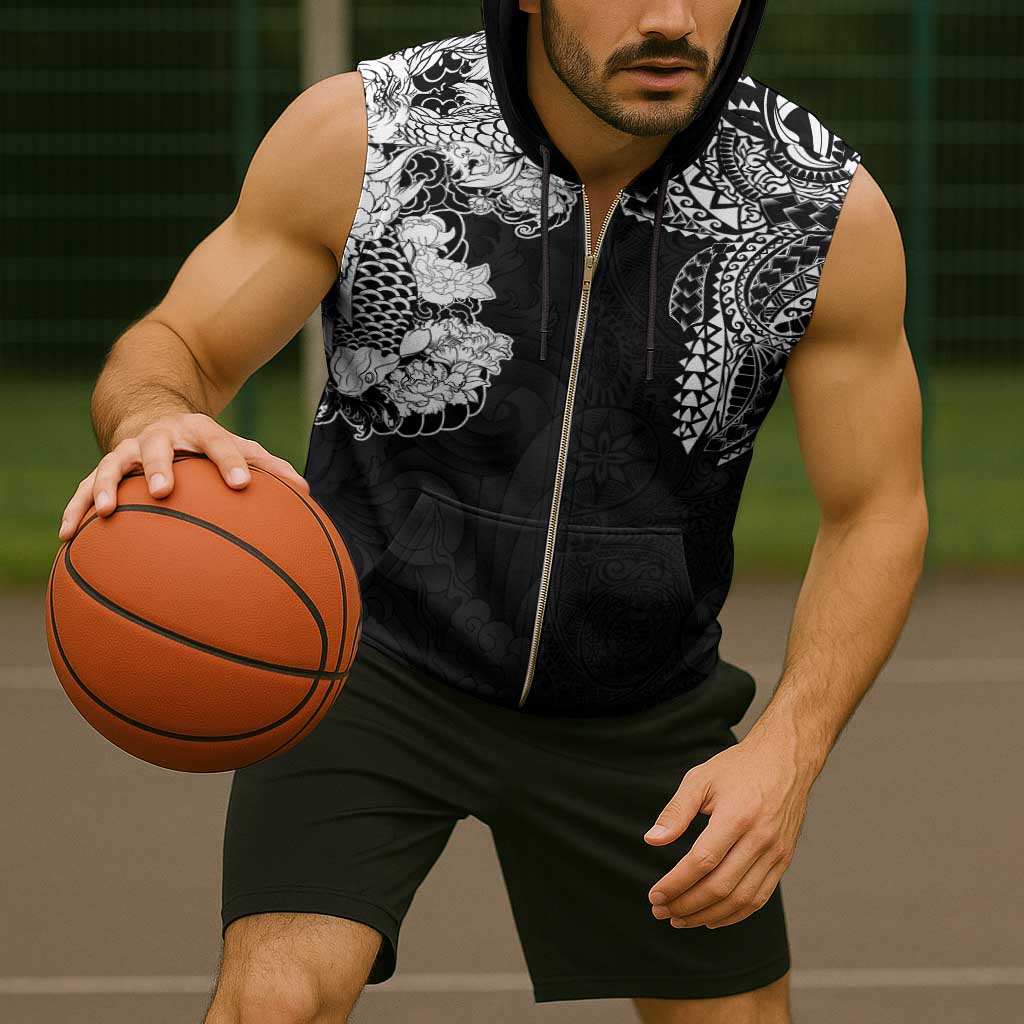 Japanese Irezumi and Hawaiian Polynesian Art Tattoo Sleeveless Zip Hoodie Black Color - Wonder Print Shop