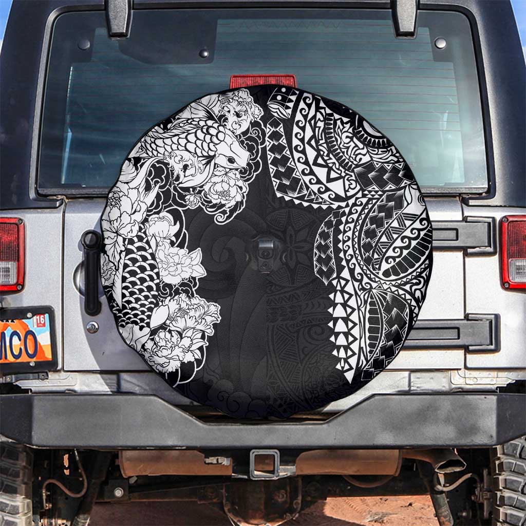 Japanese Irezumi and Hawaiian Polynesian Art Tattoo Spare Tire Cover Black Color - Wonder Print Shop