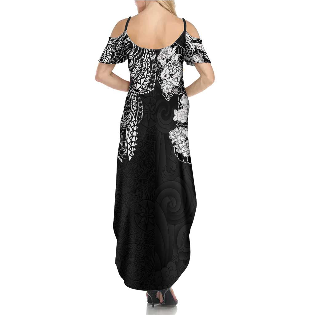 Japanese Irezumi and Hawaiian Polynesian Art Tattoo Summer Maxi Dress Black Color - Wonder Print Shop