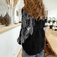 Japanese Irezumi and Hawaiian Polynesian Art Tattoo Women Casual Shirt Black Color - Wonder Print Shop